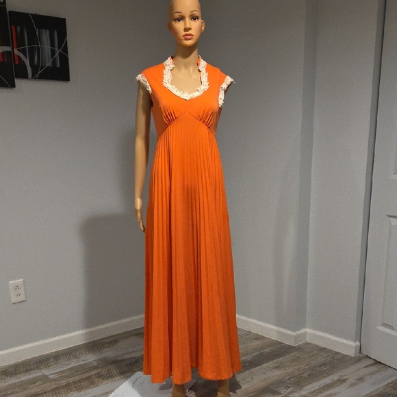 Vintage Dresses & Skirts - Vintage Vibrant Orange Maxi Dress with Lace Trim